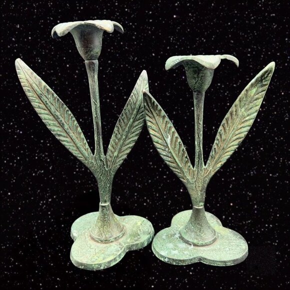 VINTAGE ARCHANA CRAFTS METAL CANDLE HOLDER TAPER TULIPS Set India 8”T 7”W - Picture 2 of 11